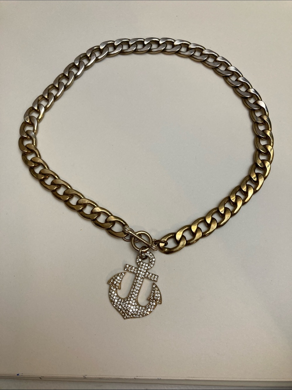 Men's Gold-Tone Curb Chain Necklace with Crystal Anchor Pendant